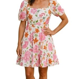 The Golden Globe Clothing Floral Square‎ Neck Puff Sleeve Mini Dress Cotton M